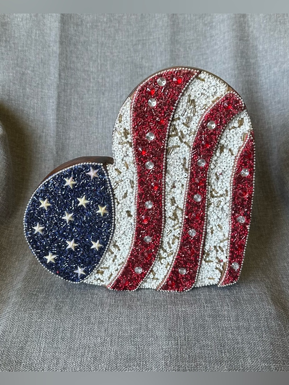 Made In India Patriotic Beaded Heart Wooden Tabletop Decor